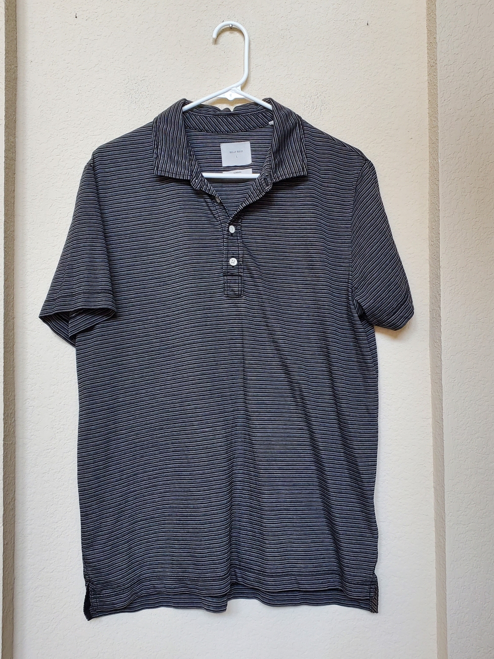 Billy Reid Black and Gray Striped Polo. Size Large